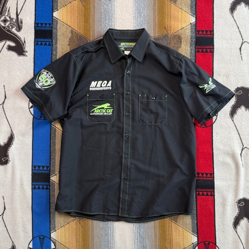 Arcticwear Arctic Cat 50th Anniversary Work Shirt Mens XL Black Green Patches